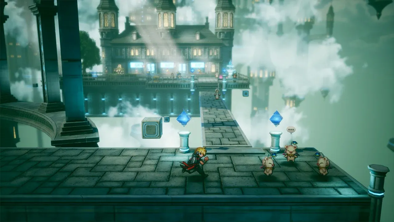 Final Fantasy Resonance exploration scene with HD-2D environments and classic RPG atmosphere